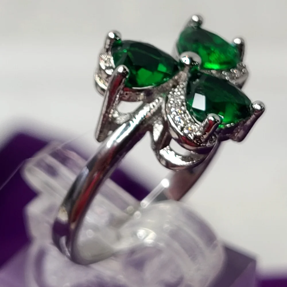 Green Hearts Sterling Silver Ring